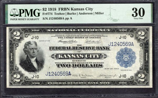 1918 $2 Kansas City FRBN Battleship Note PMG 30 Fr.774 Item #2196035-018