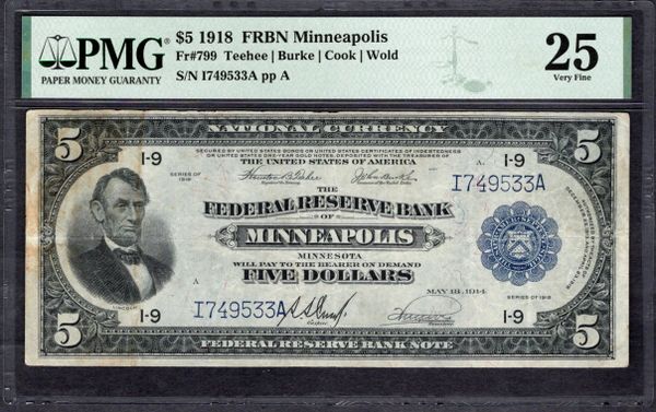 1918 $5 Minneapolis FRBN PMG 25 Fr.799 Item #5005191-009