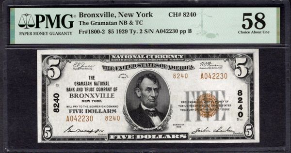 1929 $5 Gramatan NB & TC Bronxville New York PMG 58 Fr.1800-2 CH#8240 Item #2195572-006