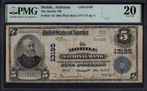 1902 $5 The Mobile National Bank Alabama PMG 20 Fr.610 CH#13195 Item #1995786-002