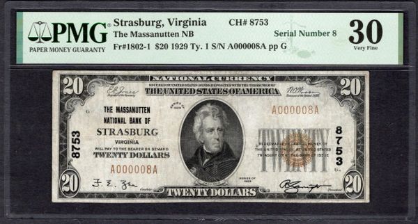 1929 $20 Massanutten NB Strasburg Virginia PMG 30 Fr.1802-1 CH#8753 Serial Number 8 Item #1995455-046