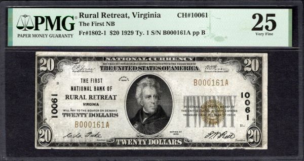 1929 $20 First NB Rural Retreat Virginia PMG 25 Fr.1802-1 CH#10061 Item #1995455-045