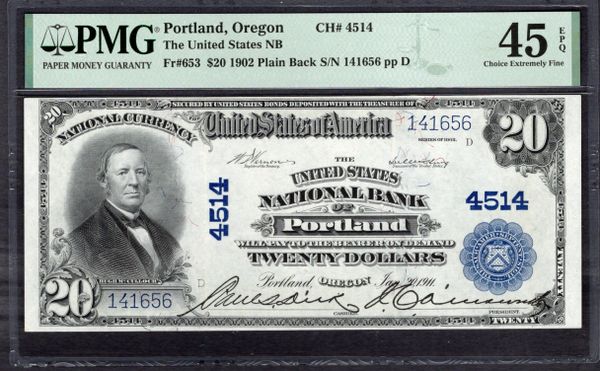 1902 $20 United States NB Portland Oregon PMG 45 EPQ Fr.653 CH#4514 Item #1996335-016
