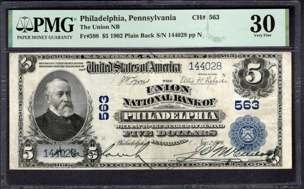 1902 $5 Union National Bank Philadelphia Pennsylvania PMG 30 Fr.598 CH#563 Item #1886833-019