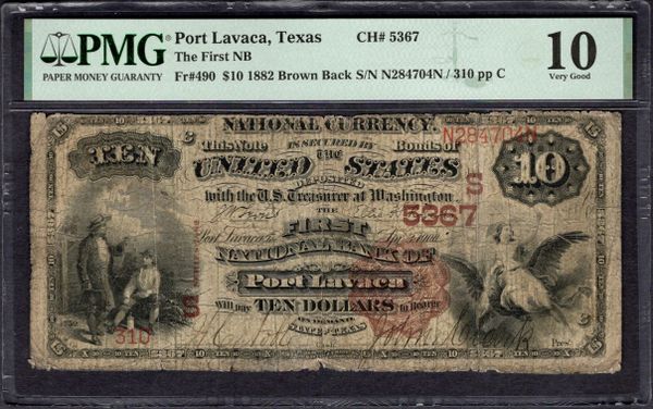 1882 $10 First National Bank Port Lavaca Texas PMG 10 Fr.490 CH#5367 Item #1996617-003