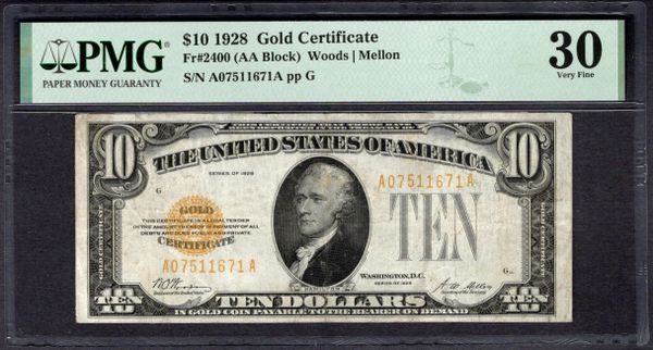1928 $10 Gold Certificate PMG 30 Fr.2400 Item #1996989-013