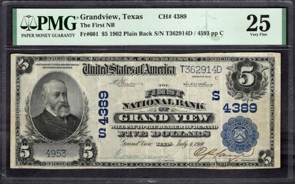 1902 $5 First National Bank Grandview Texas PMG 25 Fr.601 CH#4389 Item #1995242-003