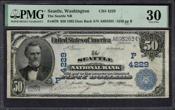 1902 $50 Seattle National Bank Washington PMG 30 Fr.670 CH#4229 Item #2197585-017