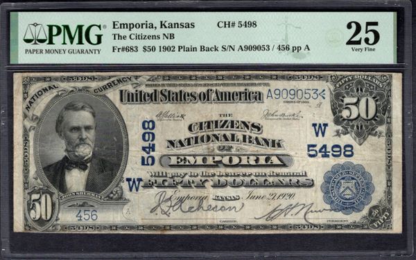 1902 $50 Citizens National Bank Emporia Kansas PMG 25 Fr.683 CH#5498 Item #2197584-019