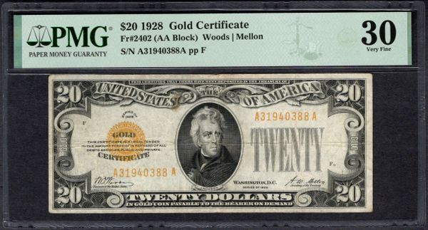 1928 $20 Gold Certificate PMG 30 Fr.2402 Item #1996989-016