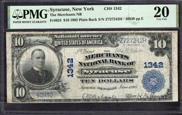 1902 $10 Merchants NB Syracuse New York PMG 20 Fr.624 CH#1342 Item #1994863-016