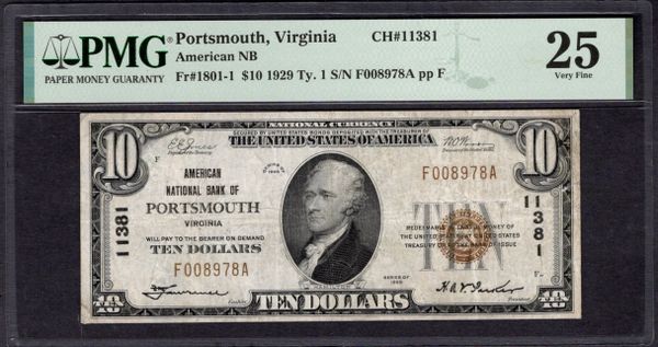 1929 $10 American NB Portsmouth Virginia PMG 25 Fr.1801-1 CH#11381 Item #1995455-033