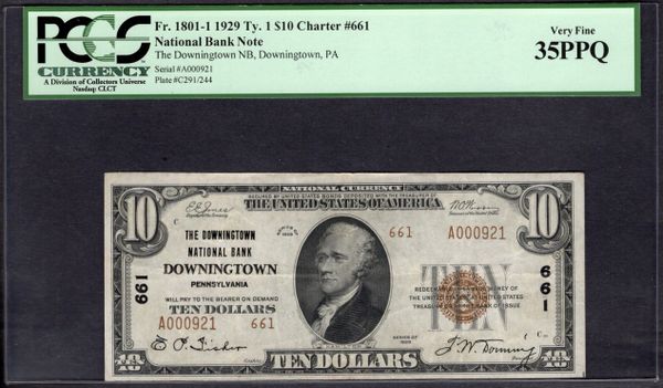 1929 $10 Downingtown NB Pennsylvania PCGS 35 PPQ Fr.1801-1 CH#661 Item #59002092