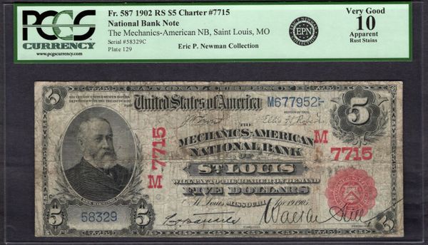 1902 $5 Mechanics-American NB St. Louis Missouri Red Seal PCGS 10 APPARENT Fr.587 CH#7715 Item #80591366
