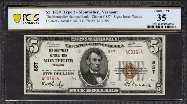 1929 $5 Montpelier NB Vermont PCGS 35 Fr.1800-2 CH#857 Item #47201524