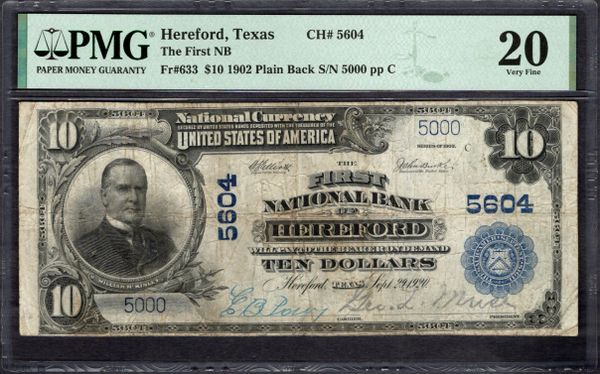 1902 $10 The First NB Hereford Texas PMG 20 Fr.633 CH#5604 Item #2293159-017