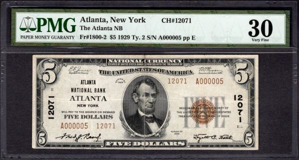 1929 $5 The Atlanta NB New York PMG 30 Fr.1800-2 CH#12071 Serial Number 5 Item #5013816-015