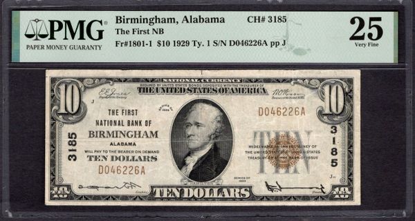 1929 $10 First NB Birmingham Alabama PMG 25 Fr.1801-1 CH#3185 Item #1995781-013