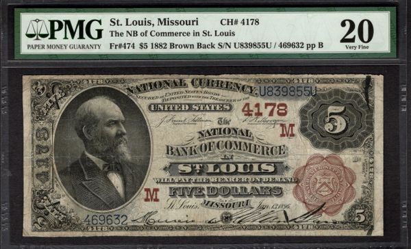 1882 $5 NB of Commerce St. Louis Missouri PMG 20 Fr.474 CH#4178 Item #5004762-017