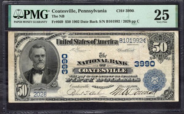 1902 $50 The NB of Coatesville Pennsylvania PMG 25 Fr.669 CH#3990 Item #2293159-016