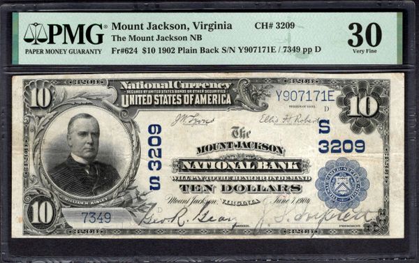 1902 $10 Mount Jackson NB Virginia PMG 30 Fr.624 CH#3209 Item #2293159-015