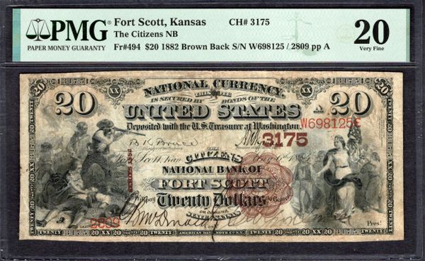 1882 $20 Citizens NB Fort Scott Kansas PMG 20 Fr.494 CH#3175 Item #1997344-021