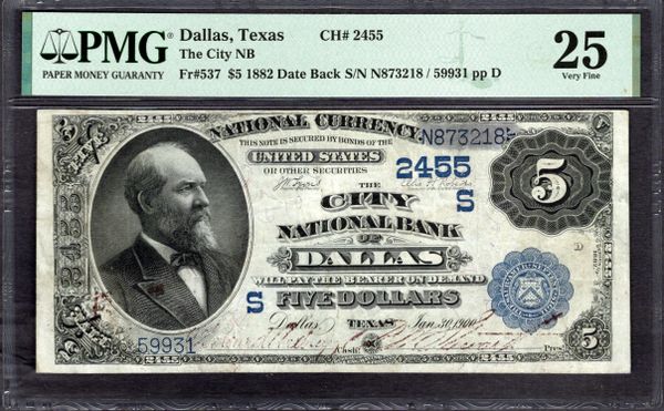 1882 $5 City NB Dallas Texas PMG 25 Fr.537 CH#2455 Item #2293159-014