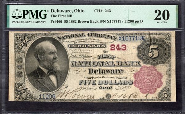 1882 $5 First NB Delaware Ohio PMG 20 Fr.466 CH#243 Item #2293159-013