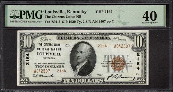 1929 $10 Citizens Union NB Louisville Kentucky PMG 40 Fr.1801-2 CH#2164 Item #1997678-003