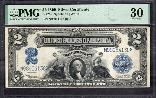 1899 $2 Silver Certificate Mini-Porthole Note PMG 30 Fr.258 Item #1997619-007