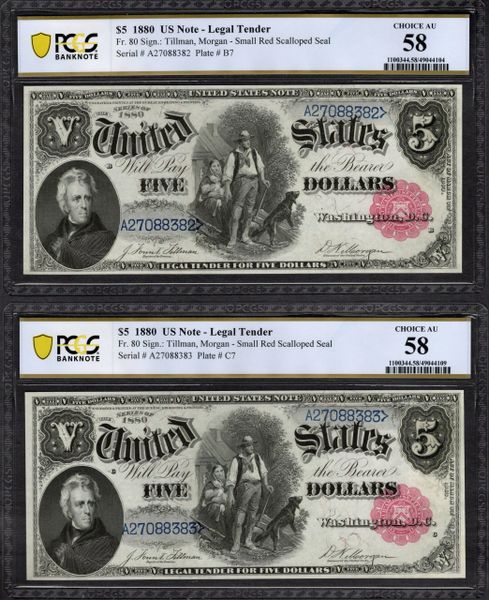 Lot of Two Consecutive 1880 $5 Legal Tender Woodchopper Notes PCGS 58 Fr.80 Item #49044104/109