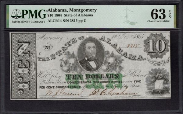 1864 $10 Montgomery State of Alabama PMG 63 EPQ Item #2086710-004
