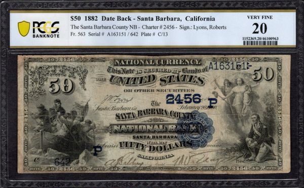 1882 $50 Santa Barbara County National Bank California PCGS 20 Fr.563 CH#2456 Item #46100963