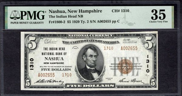 1929 $5 The Indian Head NB Nashua New Hampshire PMG 35 Fr.1800-2 CH#1310 Item #1996127-006