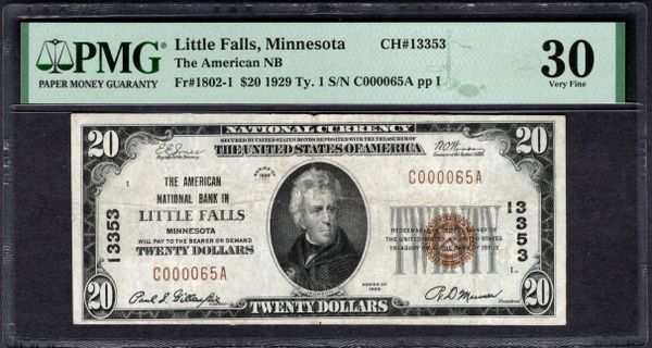 1929 $20 American NB In Little Falls Minnesota PMG 30 Fr.1802-1 CH#13353 Item #1997751-022