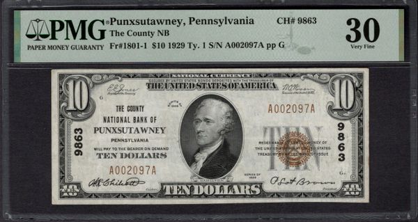 1929 $10 The County NB Punxsutawney Pennsylvania PMG 30 Fr.1801-1 CH#9863 Item #1996128-019