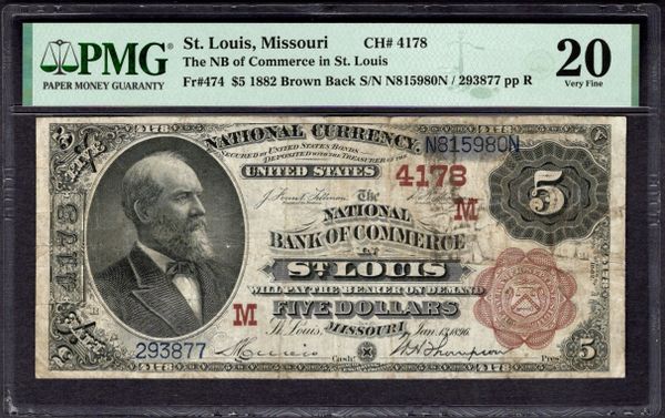 1882 $5 NB of Commerce St. Louis Missouri PMG 20 Fr.474 CH#4178 Item #1997754-042