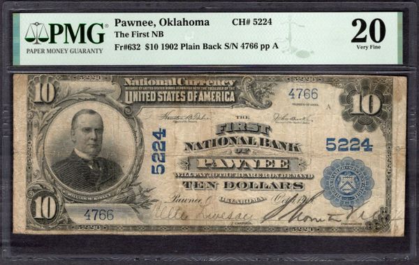 1902 $10 First NB Pawnee Oklahoma PMG 20 Fr.632 CH#5224 Item #1995943-008