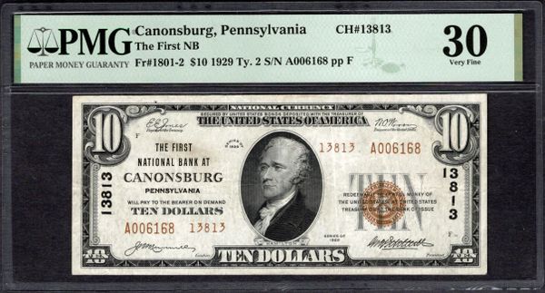 1929 $10 First NB Canonsburg Pennsylvania PMG 30 Fr.1801-2 CH#13813 Item #1996109-008