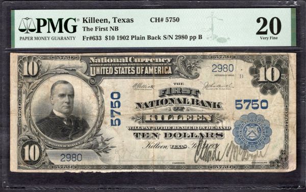 1902 $10 The First NB Killeen Texas PMG 20 Fr.633 CH#5750 Item #8090934-006