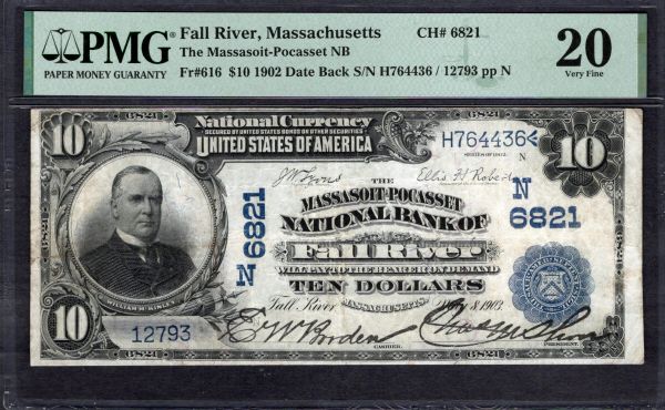 1902 $10 Massasoit-Pocasset NB Fall River Massachusetts PMG 20 Fr.616 CH#6821 Item #1997530-025