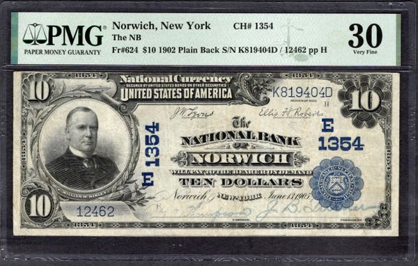 1902 $10 The NB Norwich New York PMG 30 Fr.624 CH#1354 Item #1996710-009