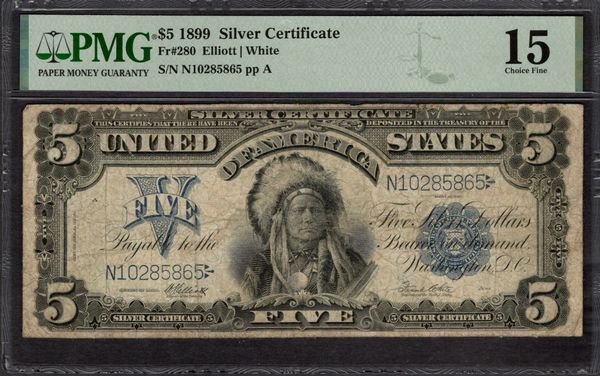 1899 $5 Silver Certificate Indian Chief Note PMG 15 Fr.280 Item #1998330-003