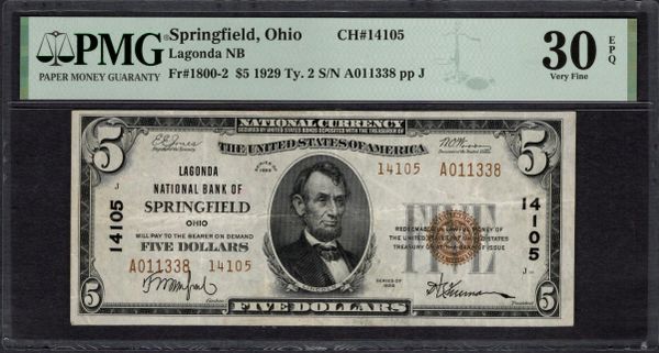 1929 $5 Lagonda NB Springfield Ohio PMG 30 EPQ Fr.1800-2 CH#14105 Item #1996010-010