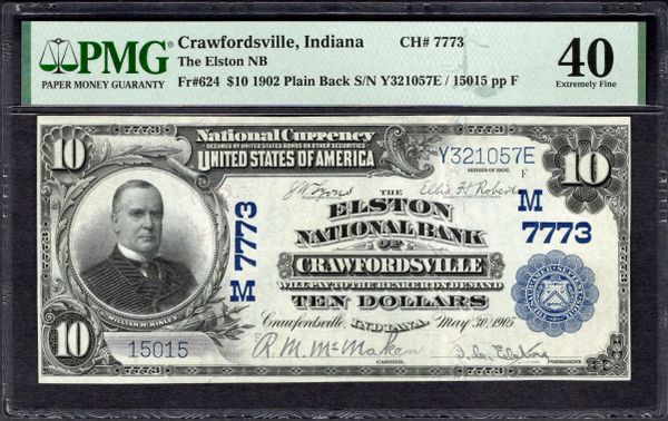 1902 $10 Elston NB Crawfordsville Indiana PMG 40 Fr.624 CH#7773 Item #1998261-004