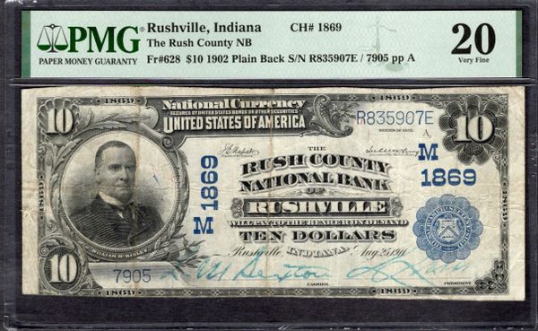 1902 $10 Rush County NB Rushville Indiana PMG 20 Fr.628 CH#1869 Item #1998259-014