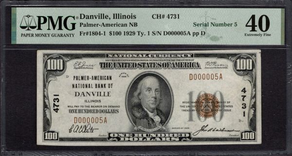 1929 $100 Palmer-American NB Danville Illinois PMG 40 Fr.1804-1 CH#4731 Serial Number 5 Item #1998062-033