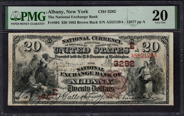 1882 $20 National Exchange Bank Albany New York PMG 20 Fr.494 CH#3282 Item #1998171-001