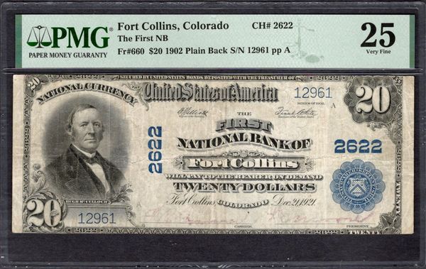 1902 $20 The First NB Fort Collins Colorado PMG 25 Fr.660 CH#2622 Item #1998378-001