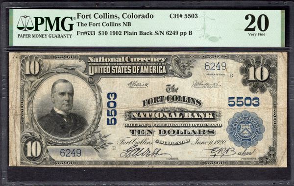 1902 $10 Fort Collins NB Colorado PMG 20 Fr.633 CH#5503 Item #1995966-004